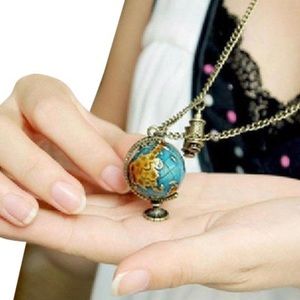 Blue Bronze Vintage Globe Telescope Necklace.